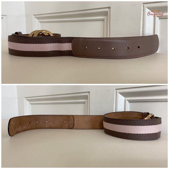 Authentic Gucci Taupe/Pink Web Leather Gold Interlocking G Buckle Belt 80/32 - Picture 11 of 13